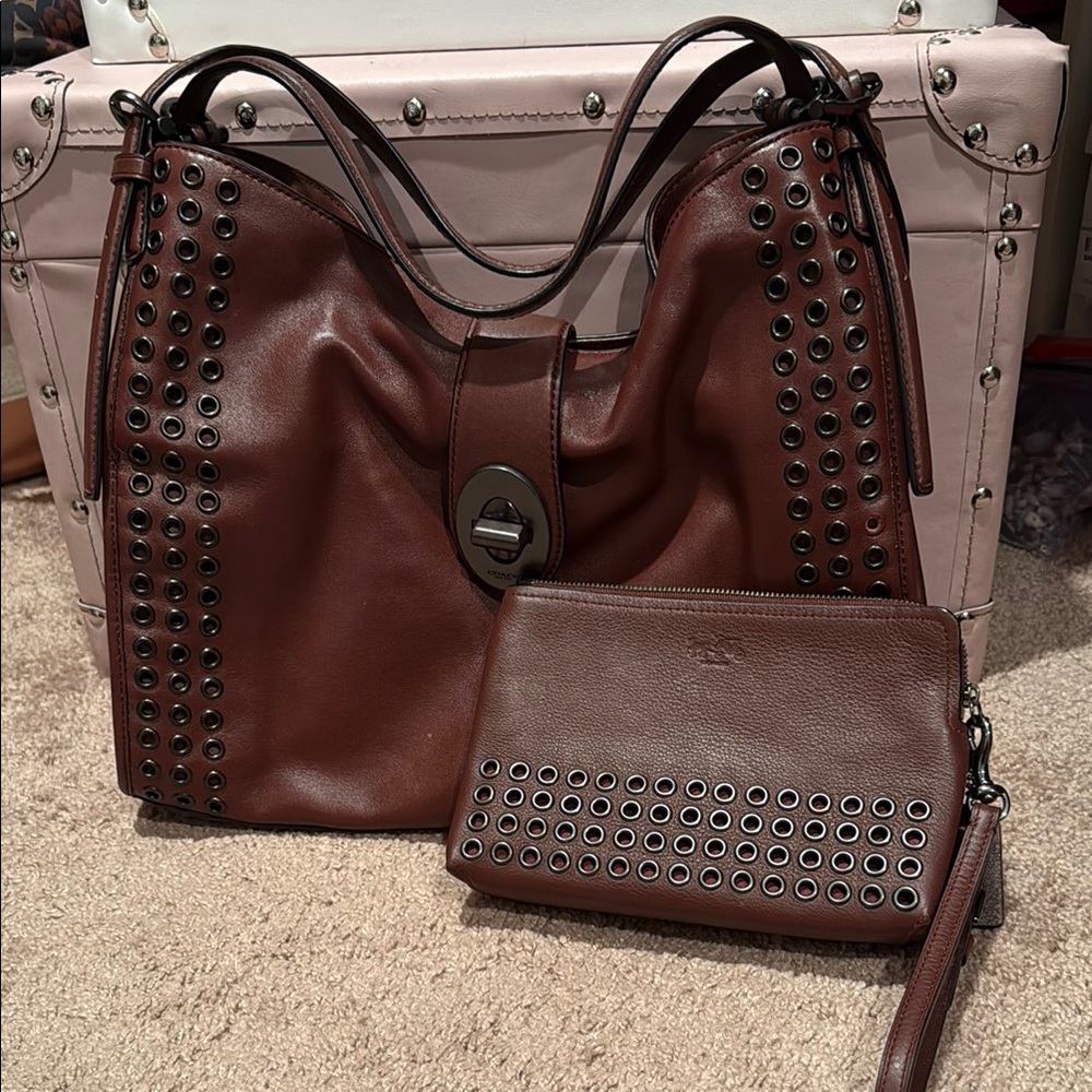 Coach Brown Studded Shoulder Bag